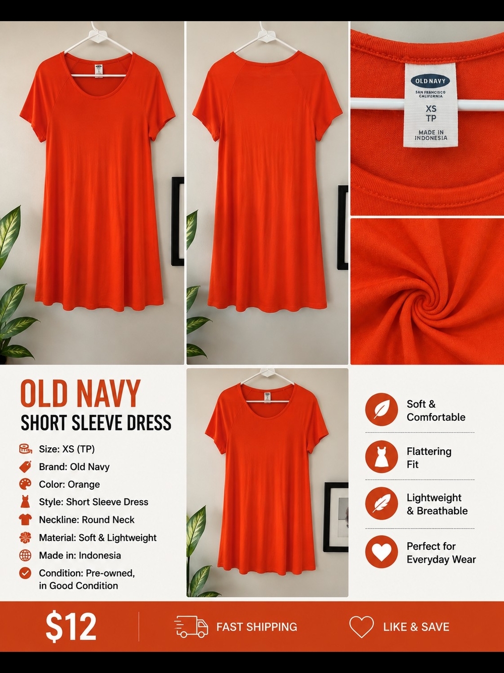 Old Navy Orange Short Sleeve Tunic Dress